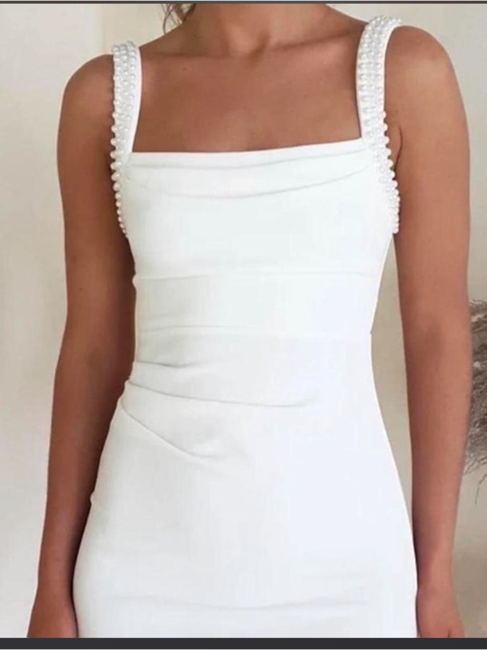 Pearl-Trim Square Neck Mini Dress in White